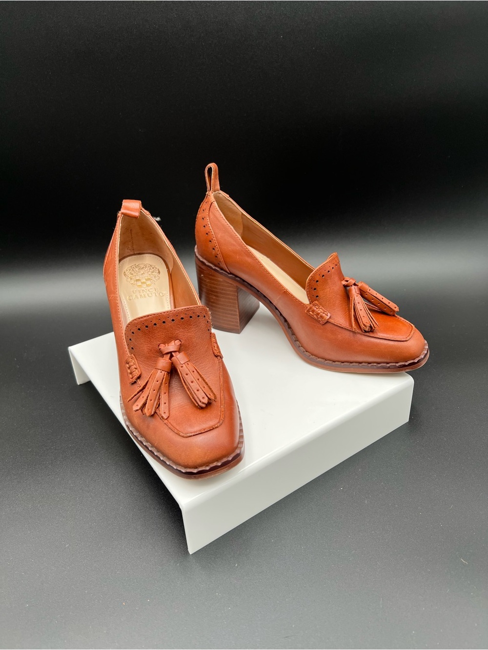 Vince Camuto Tan Leather Tassel Block Heel Loafers